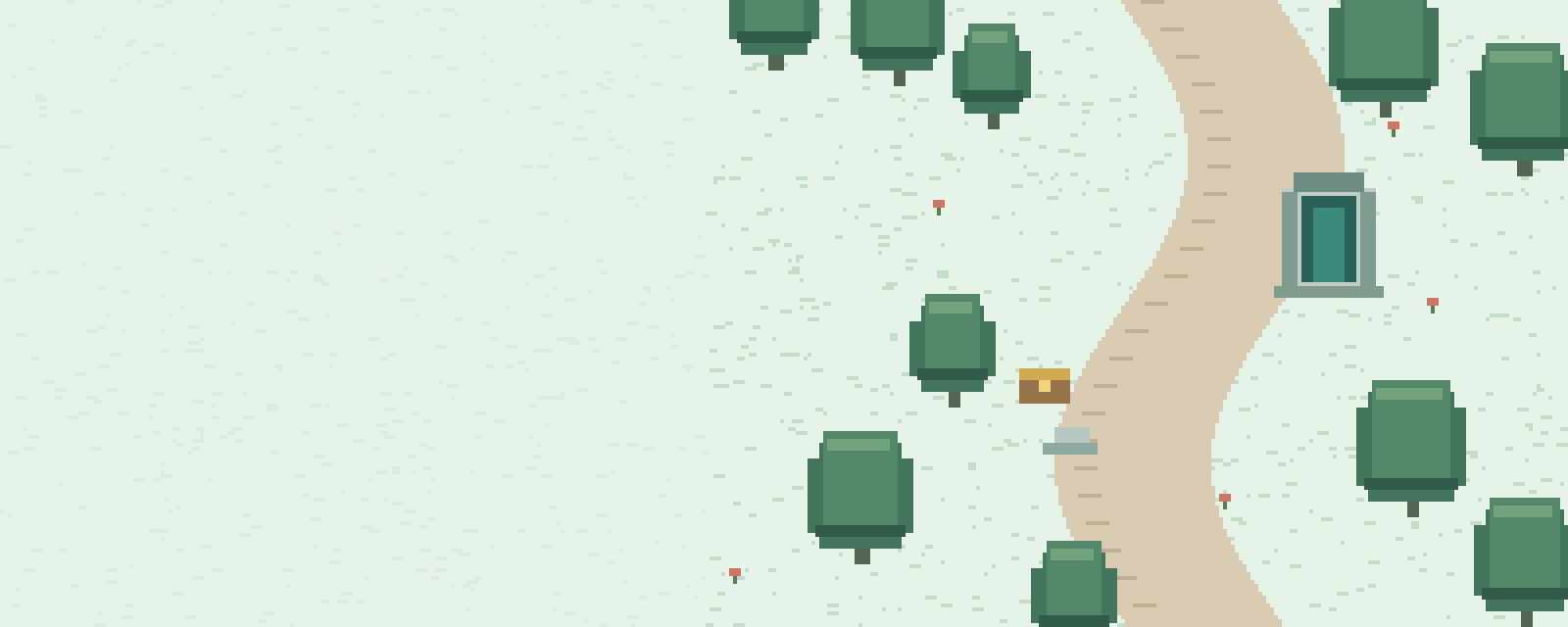 Original pixel landscape with a forest path and stone doorway; decorative artwork, not game footage
